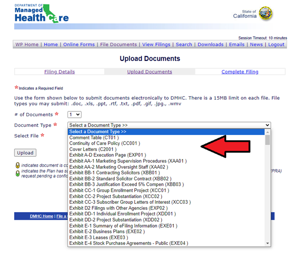 Screenshot of Upload Documents page with arrow pointing to drop down selections for document types.